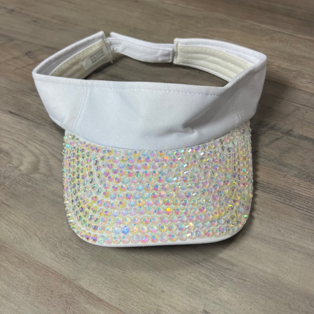 White Adjustable Visor Hat With Iridescent Rhinestones On Brim